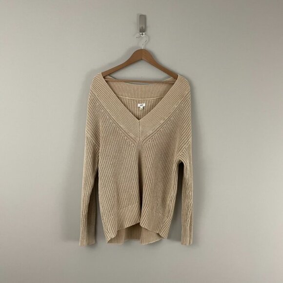 Aerie Sandalwood Rib Knit V Neck Slouchy Cotton Sweater Size Medium - Picture 1 of 7